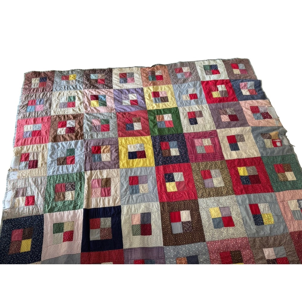 Antiques Country Squares Quilt, Handmade Patchwork Quilt Fits a queen bed FLAWED